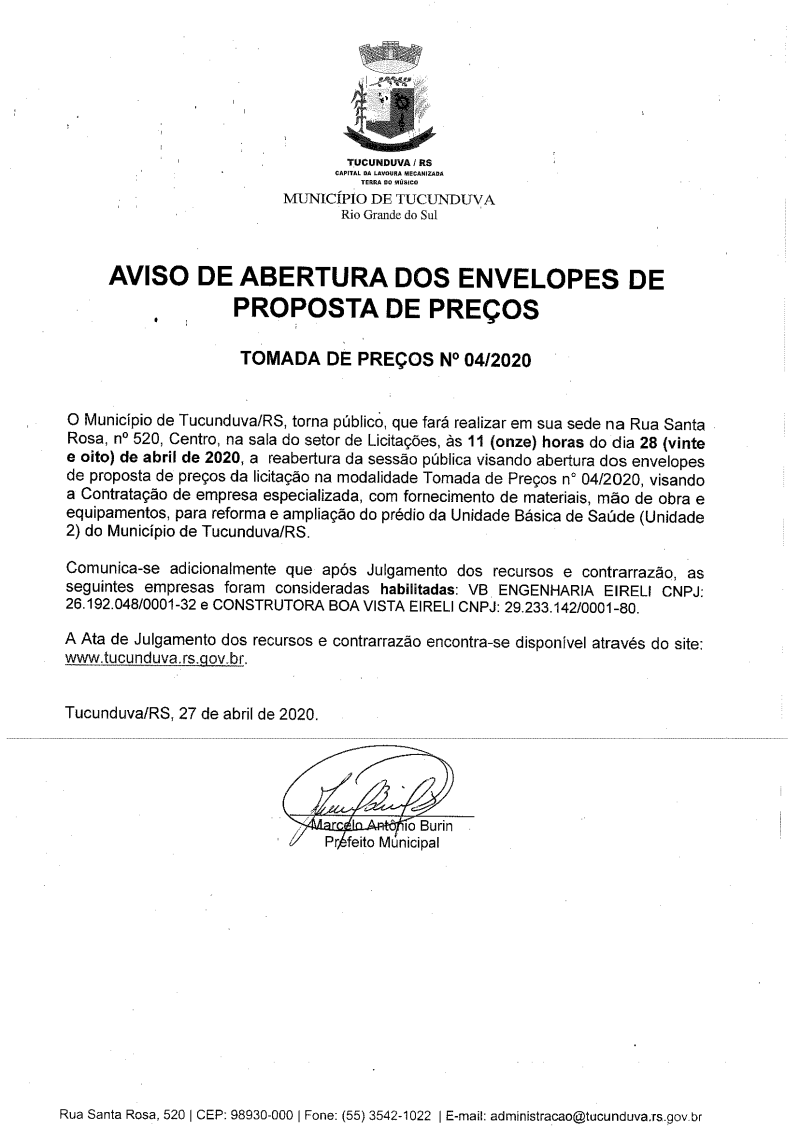 TMP 04/2020 AVISO DE ABERTURA DOS ENVELOPES DE PROPOSTA DE PREÇOS